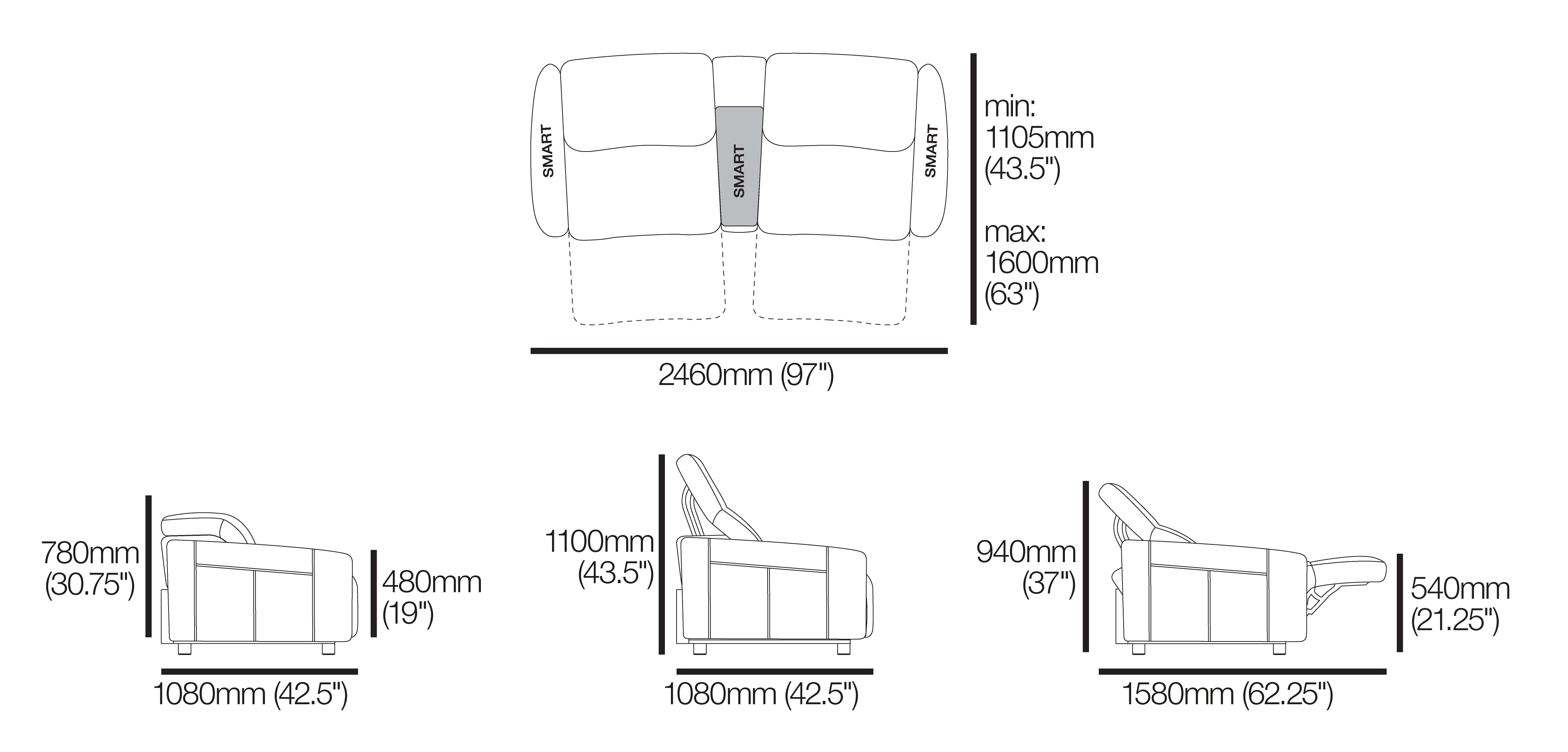King Cinema Classic 2.5 Seater Recliner with Extra Wide Seats, Media Console and Smart Pockets®