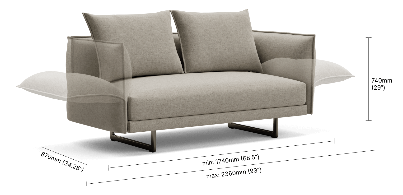Zaza 2 Seater Sofa with Adjustable Arms