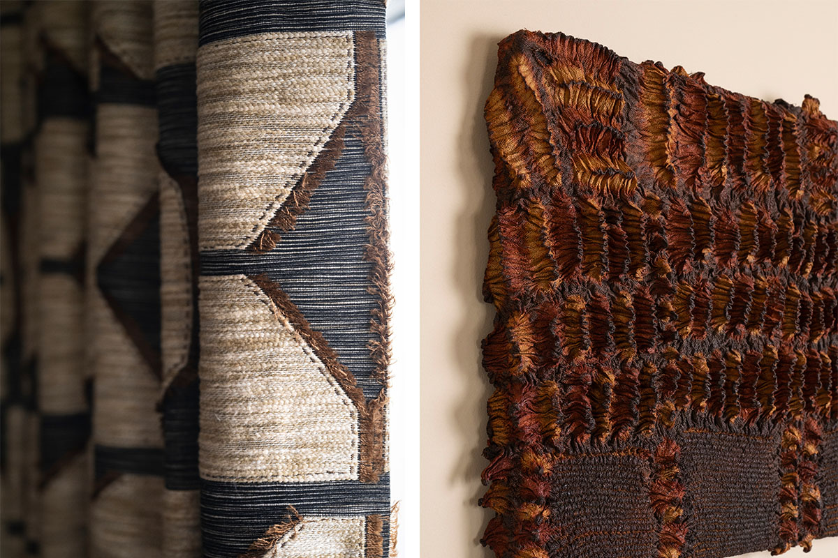 African-inspired art and texture, featuring geometric drapery and textural ruffled wall art.