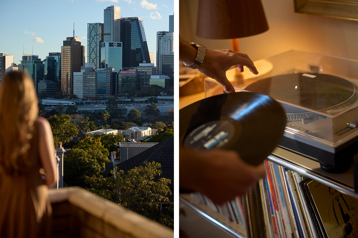 City skyline view from a Sydney harbourside apartment living, and a vintage vinyl collection at home.