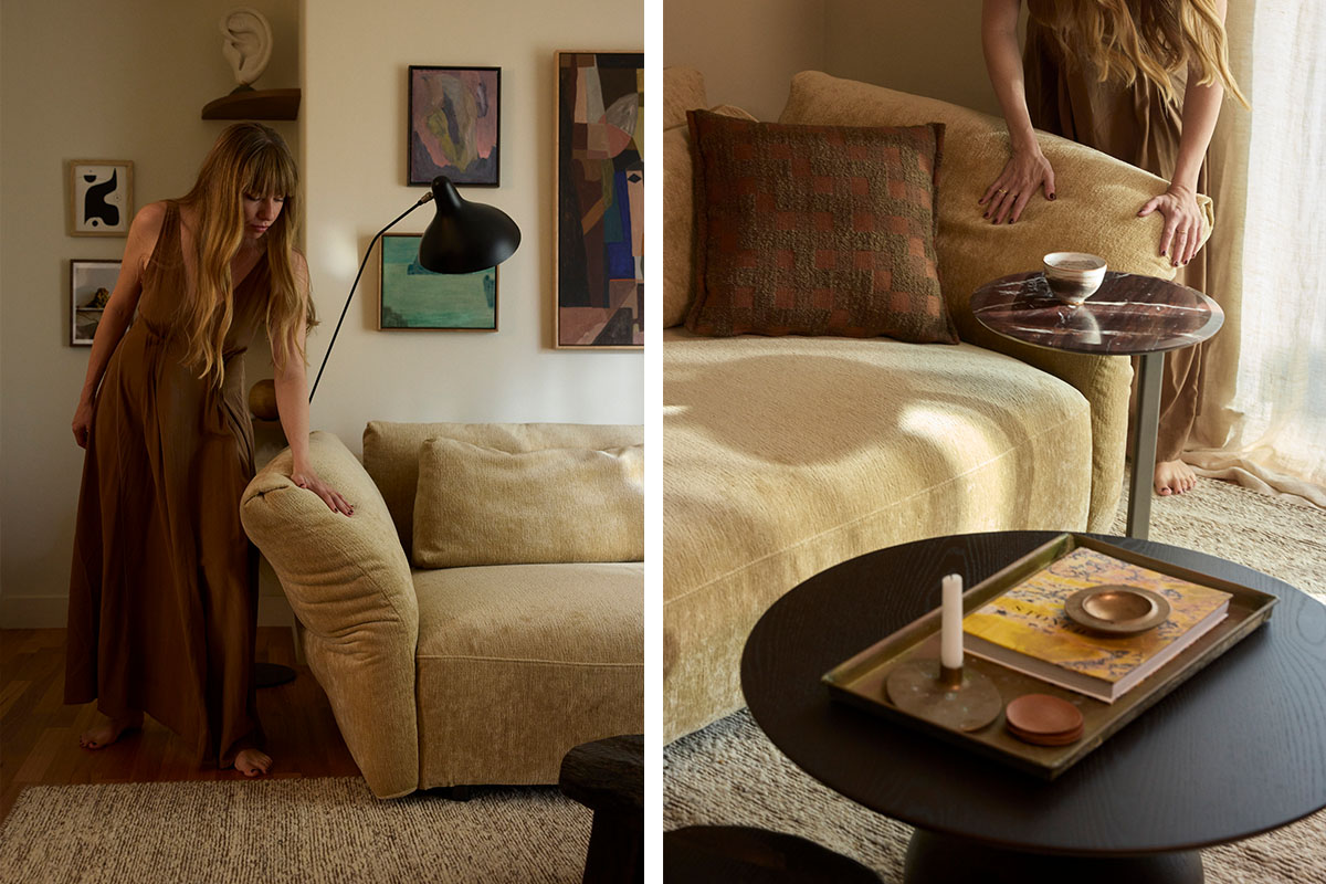 Styling a modular sofa in a small living room, paired with a marble round side table for contrast.