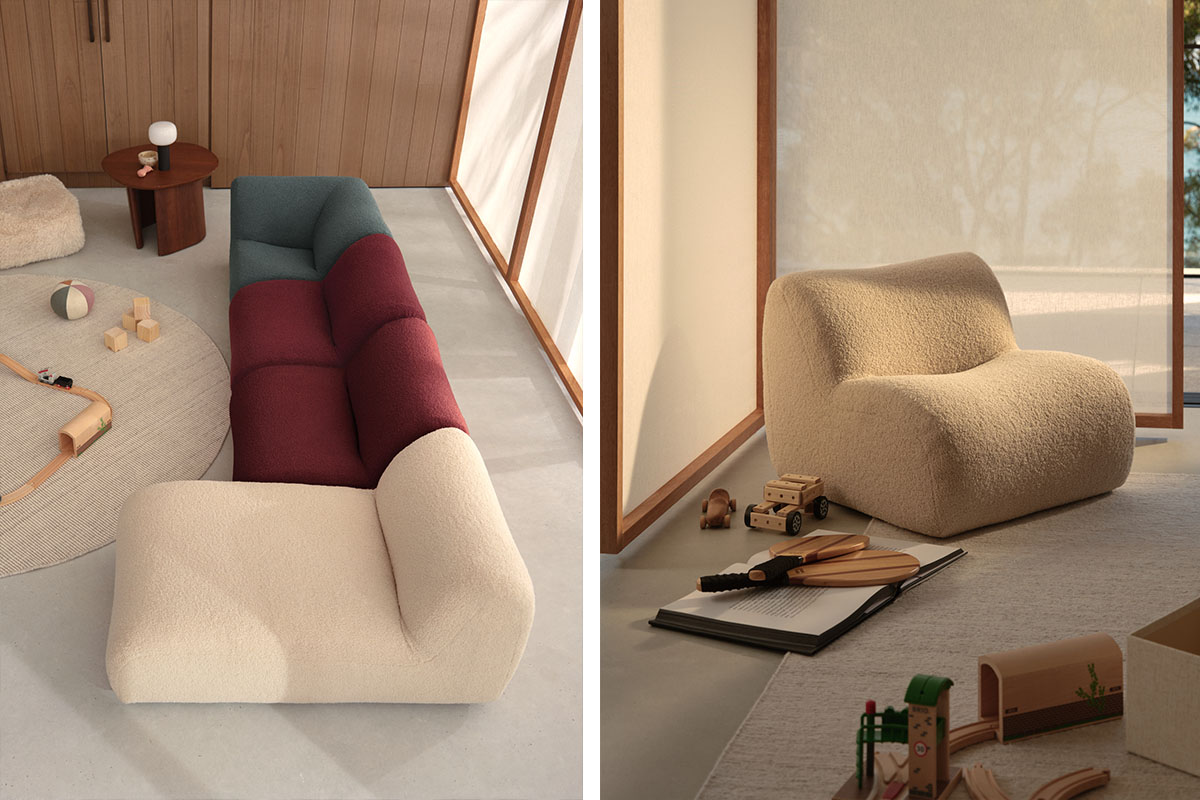 The 1977 Mini modular sofa styled (left) in three different fabrics with a chaise, and (right) as a single sofa chair module.