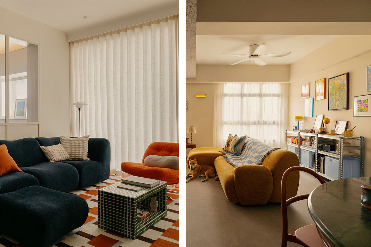 Two retro living rooms, one with a deep navy curved sofa and orange accents, the other with a mustard sofa and blue tones.